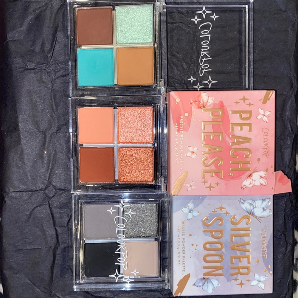 Color Pop shadow pallets Peach Please, Silverspoon, Wafflec shadow quad.